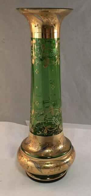 Antique Moser Victorian Art Glass Green Vase With Gilt Gold Enamel Decoration