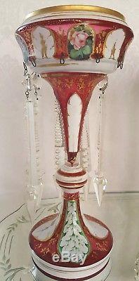 Antique Moser Victorian Cranberry Lusters Hand Enameled Cut Crystal Prisms 12,5