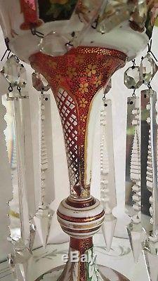 Antique Moser Victorian Cranberry Lusters Hand Enameled Cut Crystal Prisms 12,5