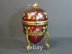 Antique Moser Victorian Enamel Cranberry Art Glass Egg-Shaped Box Hinged Floral