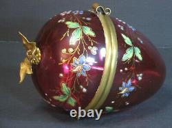 Antique Moser Victorian Enamel Cranberry Art Glass Egg-Shaped Box Hinged Floral