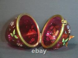 Antique Moser Victorian Enamel Cranberry Art Glass Egg-Shaped Box Hinged Floral