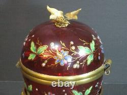 Antique Moser Victorian Enamel Cranberry Art Glass Egg-Shaped Box Hinged Floral