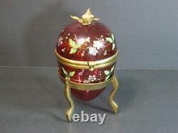 Antique Moser Victorian Enamel Cranberry Art Glass Egg-Shaped Box Hinged Floral