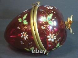 Antique Moser Victorian Enamel Cranberry Art Glass Egg-Shaped Box Hinged Floral