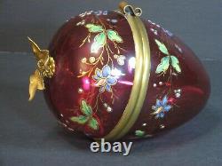 Antique Moser Victorian Enamel Cranberry Art Glass Egg-Shaped Box Hinged Floral