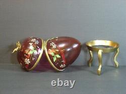 Antique Moser Victorian Enamel Cranberry Art Glass Egg-Shaped Box Hinged Floral