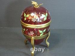 Antique Moser Victorian Enamel Cranberry Art Glass Egg-Shaped Box Hinged Floral