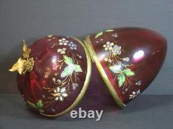Antique Moser Victorian Enamel Cranberry Art Glass Egg-Shaped Box Hinged Floral