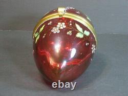 Antique Moser Victorian Enamel Cranberry Art Glass Egg-Shaped Box Hinged Floral