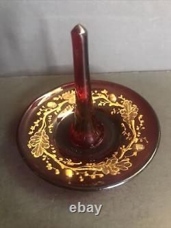 Antique Moser glass ring holder/Acorns/Gold leaves/Red Color/Czech C. 1880/Bowl