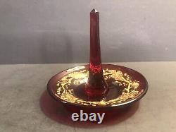 Antique Moser glass ring holder/Acorns/Gold leaves/Red Color/Czech C. 1880/Bowl