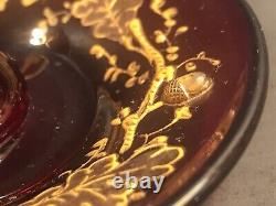 Antique Moser glass ring holder/Acorns/Gold leaves/Red Color/Czech C. 1880/Bowl