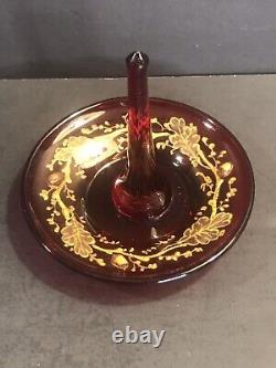 Antique Moser glass ring holder/Acorns/Gold leaves/Red Color/Czech C. 1880/Bowl