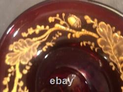 Antique Moser glass ring holder/Acorns/Gold leaves/Red Color/Czech C. 1880/Bowl