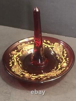 Antique Moser glass ring holder/Acorns/Gold leaves/Red Color/Czech C. 1880/Bowl