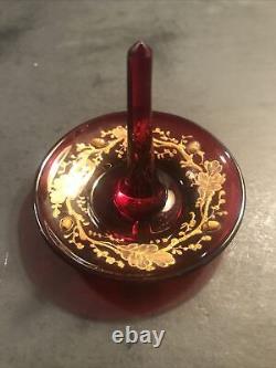 Antique Moser glass ring holder/Acorns/Gold leaves/Red Color/Czech C. 1880/Bowl