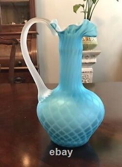 Antique Mount Washington Pitcher Or Vase Cased Glass Blue Diamond Pattern 9.75