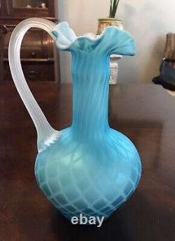 Antique Mount Washington Pitcher Or Vase Cased Glass Blue Diamond Pattern 9.75