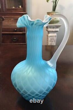 Antique Mount Washington Pitcher Or Vase Cased Glass Blue Diamond Pattern 9.75