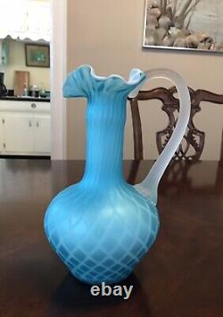 Antique Mount Washington Pitcher Or Vase Cased Glass Blue Diamond Pattern 9.75