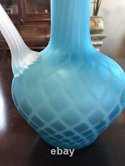 Antique Mount Washington Pitcher Or Vase Cased Glass Blue Diamond Pattern 9.75