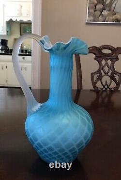 Antique Mount Washington Pitcher Or Vase Cased Glass Blue Diamond Pattern 9.75