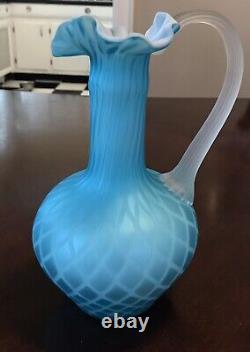 Antique Mount Washington Pitcher Or Vase Cased Glass Blue Diamond Pattern 9.75