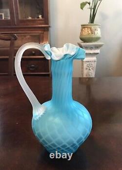 Antique Mount Washington Pitcher Or Vase Cased Glass Blue Diamond Pattern 9.75