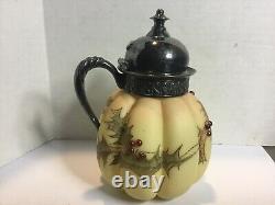 Antique Mt Washington Burmese Syrup Pitcher Ribbed Melon Raised Holly Beads