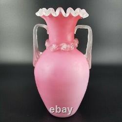 Antique Mt. Washington Cased Glass Pink Ruffle Edge Satin Ewer Vase with Rigarre