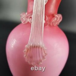 Antique Mt. Washington Cased Glass Pink Ruffle Edge Satin Ewer Vase with Rigarre