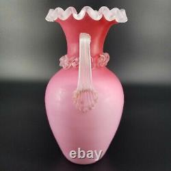 Antique Mt. Washington Cased Glass Pink Ruffle Edge Satin Ewer Vase with Rigarre
