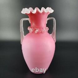 Antique Mt. Washington Cased Glass Pink Ruffle Edge Satin Ewer Vase with Rigarre