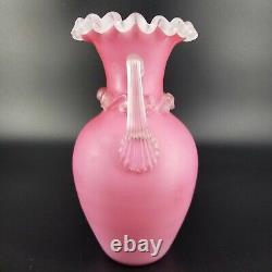 Antique Mt. Washington Cased Glass Pink Ruffle Edge Satin Ewer Vase with Rigarre