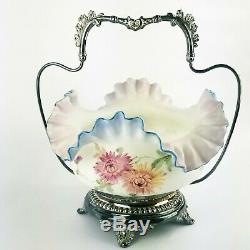 Antique Mt. Washington Glass Ruffled Brides Basket with Pairpoint Mount Stand