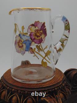 Antique Mt. Washington Hand Painted PANSY Flowers Art Glass Pitcher / Jug