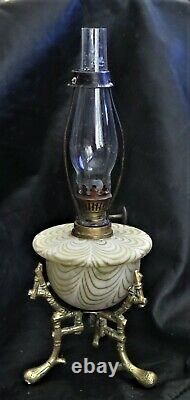 Antique Nailsea V V rare Miniature Oil Lamp with Antique Brass Stand OUTSTANDING