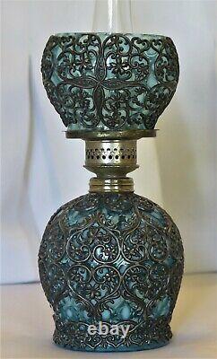 Antique Nailsea V V rare Miniature Oil Lamp with Antique Brass Stand OUTSTANDING