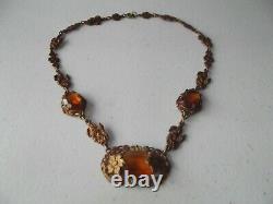 Antique Necklace floral amber topaz glass stones Gold fill victorian art nouveau