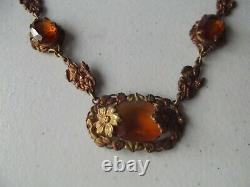 Antique Necklace floral amber topaz glass stones Gold fill victorian art nouveau