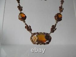 Antique Necklace floral amber topaz glass stones Gold fill victorian art nouveau