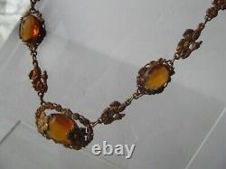 Antique Necklace floral amber topaz glass stones Gold fill victorian art nouveau