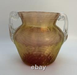 Antique Nicholas Lutz Art Glass Threaded 5 Vase with Applied Handles Victorian