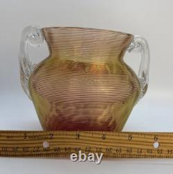 Antique Nicholas Lutz Art Glass Threaded 5 Vase with Applied Handles Victorian