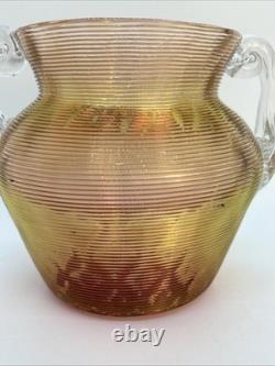 Antique Nicholas Lutz Art Glass Threaded 5 Vase with Applied Handles Victorian