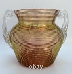 Antique Nicholas Lutz Art Glass Threaded 5 Vase with Applied Handles Victorian