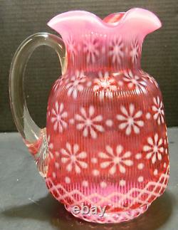 Antique Northwood Opalescent Cranberry Christmas Snowflake Ribbed Pitcher Excel+