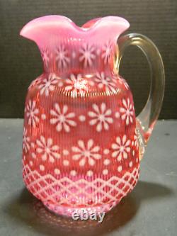 Antique Northwood Opalescent Cranberry Christmas Snowflake Ribbed Pitcher Excel+