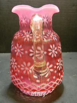 Antique Northwood Opalescent Cranberry Christmas Snowflake Ribbed Pitcher Excel+